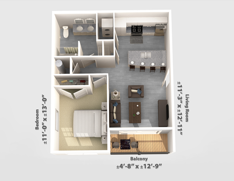 Floor plan for 1 bed, 1 bath, 644 sqft